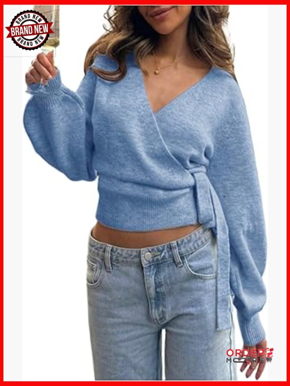 Cropped V-Neck Tie Front Long Sleeve Sweater - Knit Wrap Top